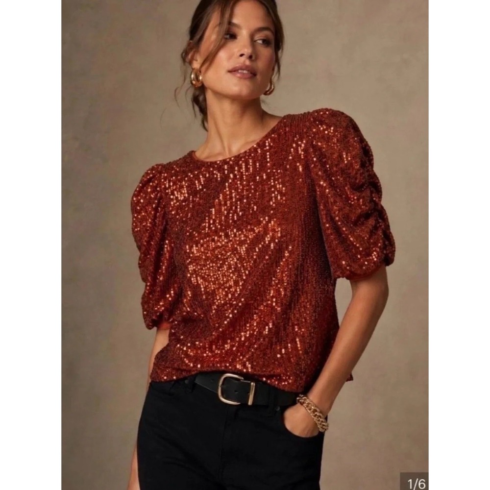 Anthropologie Sequin Puff Sleeve Top Burnt Orange Rust Red Size 2 NYE Holdiay